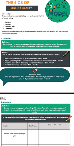 The 4 Cs of Online Safety Worksheet- With Answer Key